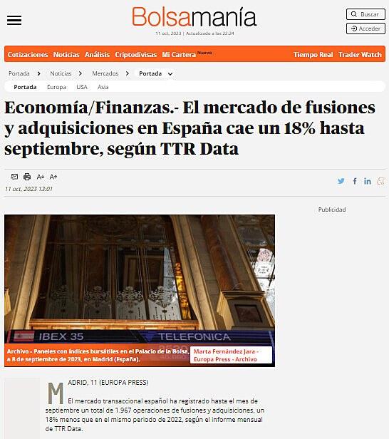 Economa/Finanzas.- El mercado de fusiones y adquisiciones en Espaa cae un 18% hasta septiembre, segn TTR Data